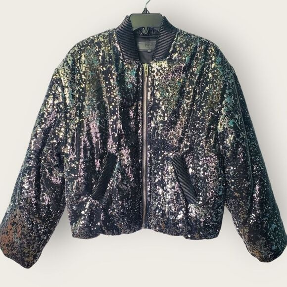 Blank NYC Black Sequin Bomber Jacket Quilted Lining Size Small - Picture 2 of 8